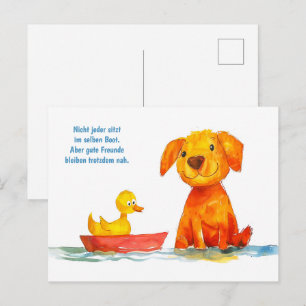 Watercolor Comic Dog Watching Duck in Boat Holiday Postcard