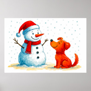 Watercolor Comic Dog with Snowman in Winter Poster