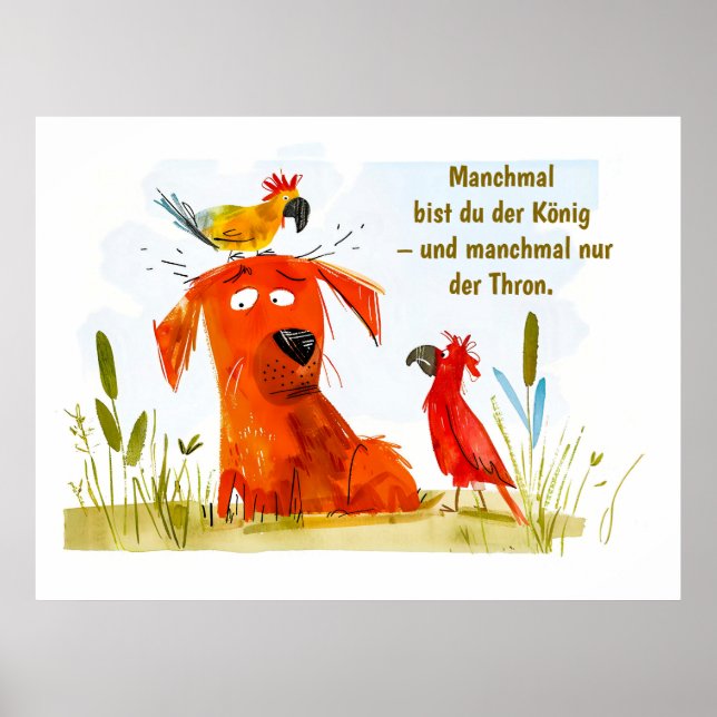 Watercolor Comic Dog with Two Parrots Poster (Front)