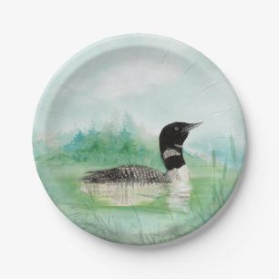 Watercolor Common Loon Bird Nature Art Paper Plate