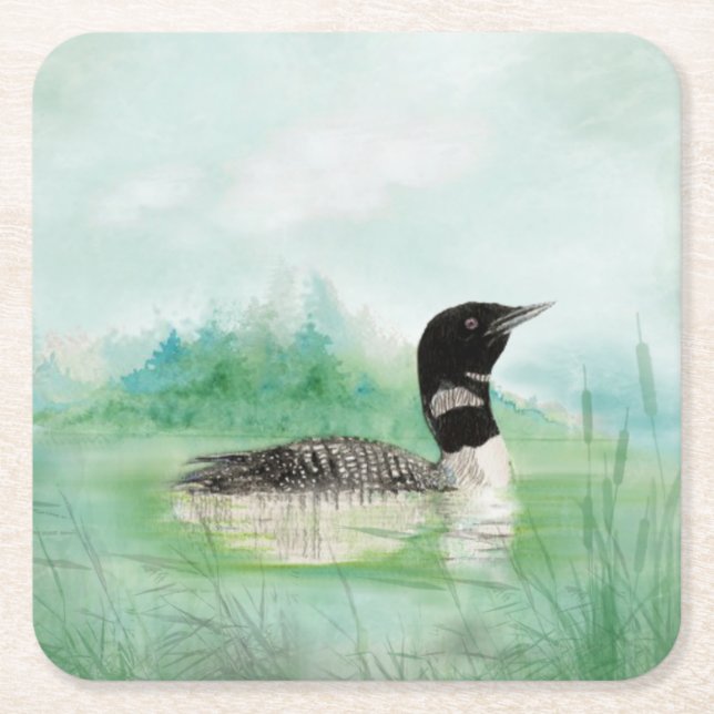 Watercolor Common Loon Bird Nature Art Square Paper Coaster (Front)