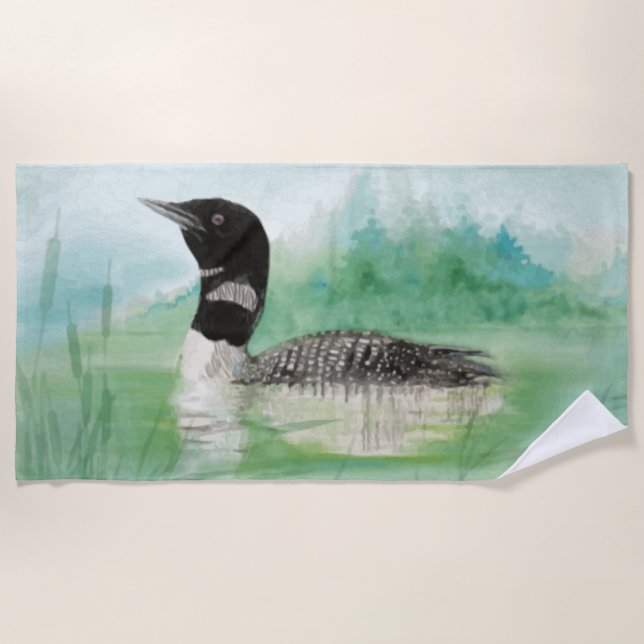 Watercolor Common Loon Wildernes Bird Nature Beach Towel (Front)