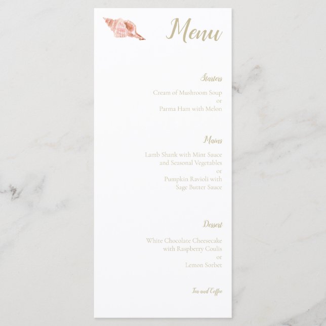 Watercolor Conch Sea Shell Wedding Menu (Front)
