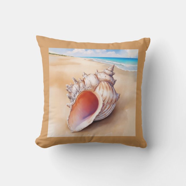 Watercolor Conch Shell on the Beach Cushion (Front)