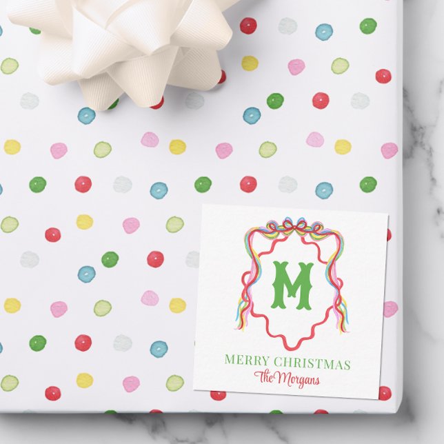 Watercolor Confetti Christmas Bow Monogram Crest Card (Creator Uploaded)