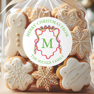 Watercolor Confetti Christmas Bow Monogram Crest Classic Round Sticker