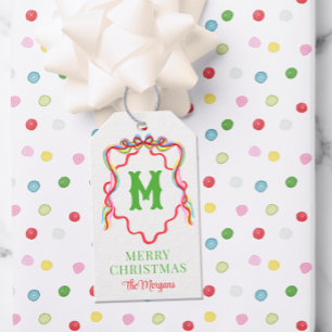 Watercolor Confetti Christmas Trees Monogram Crest Gift Tags