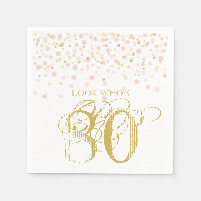 Watercolor Confetti Look Who's 80 Elegant Birthday Napkin (Front)