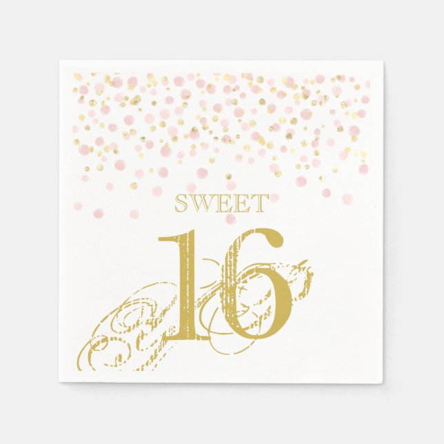 Watercolor Confetti Sweet 16 Elegant Pink Gold Napkin (Front)