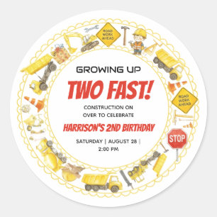 Watercolor Construction 2nd Birthday Party Classic Round Sticker