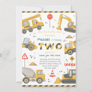 Watercolor Construction 2nd Birthday Party Invitation