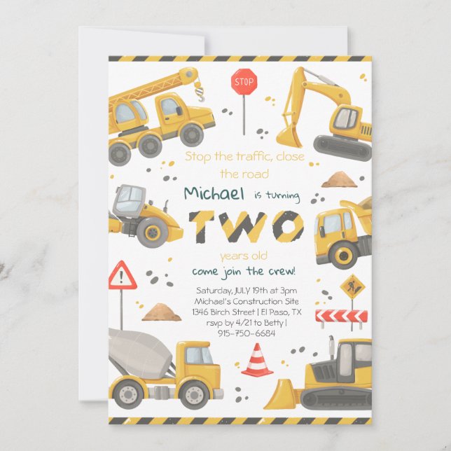 Watercolor Construction 2nd Birthday Party  Invitation (Front)