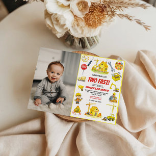 Watercolor Construction 2nd Birthday Party  Invitation