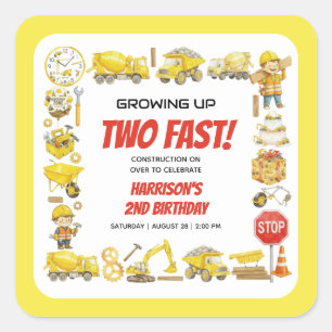 Watercolor Construction 2nd Birthday Party  Square Sticker