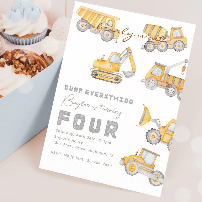 Watercolor Construction 4th Birthday Invitation (Creator Uploaded)