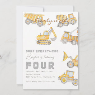 Watercolor Construction 4th Birthday Invitation