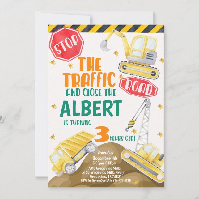 Watercolor Construction Birthday Invitation (Front)