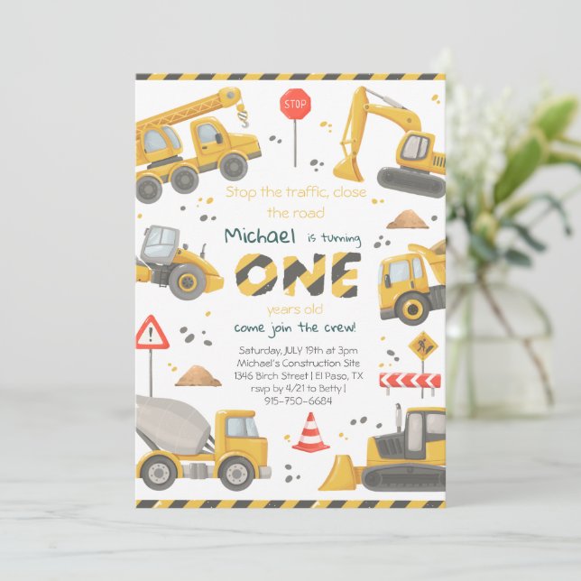 Watercolor Construction Birthday Party  Invitation (Standing Front)