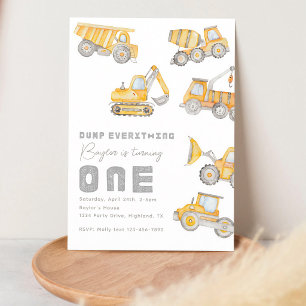 Watercolor Construction Boy 1st Birthday Invitation