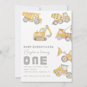 Watercolor Construction Boy 1st Birthday Invitation