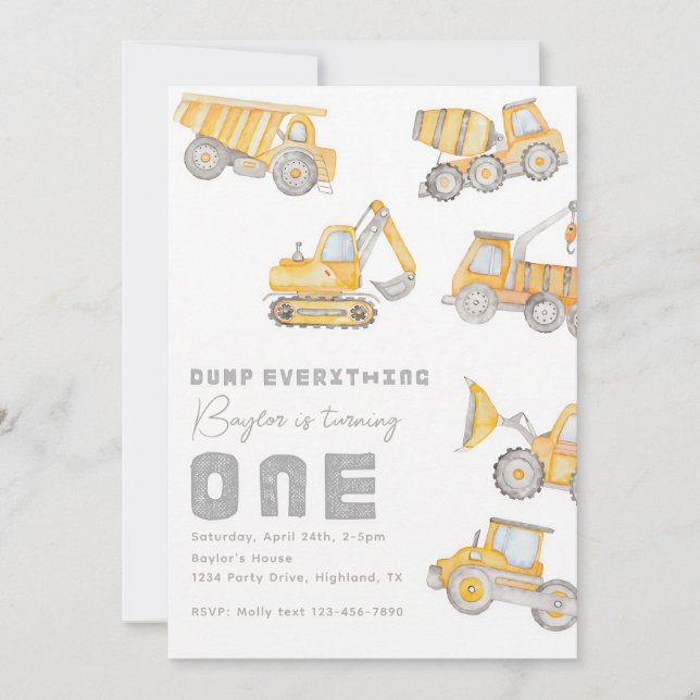 Watercolor Construction Boy 1st Birthday Invitation (Front)