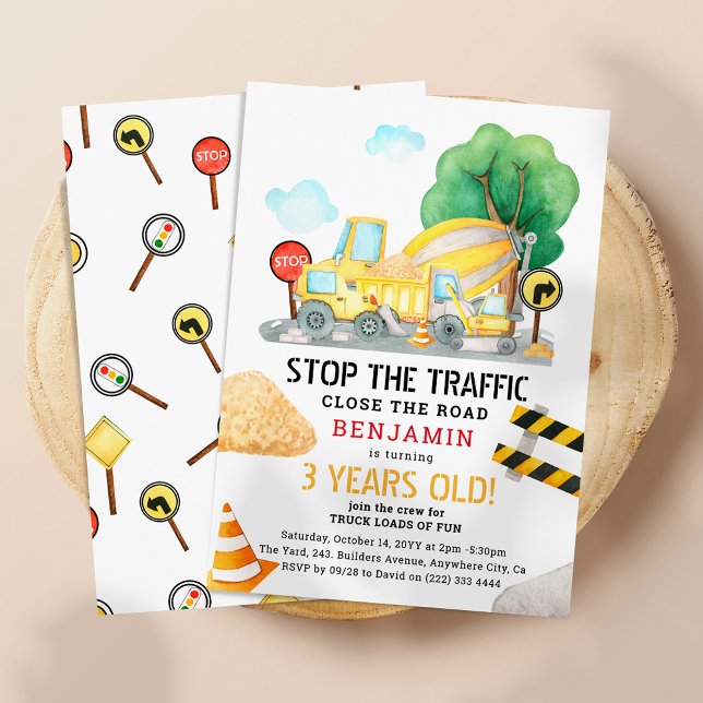 Watercolor Construction Kids Birthday Any Age Invitation (Creator Uploaded)