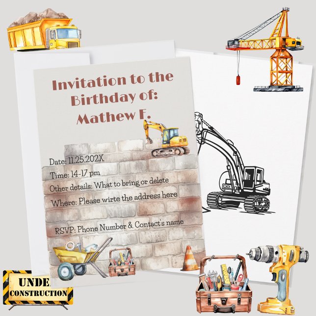 Watercolor Construction Themed Earthy Birthday Invitation (Watercolor Construction themed birthday invitation, personalized & custom. Multilingual Project)