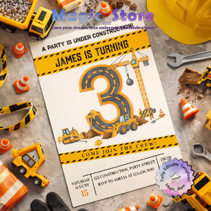 Watercolor Construction Trucks 3rd Birthday Party Invitation