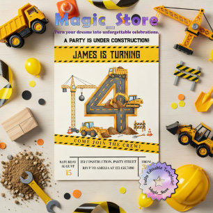 Watercolor Construction Trucks 4th Birthday Party Invitation
