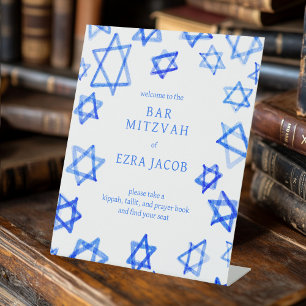 Watercolor Cool Blue Star of David Bar Bat Mitzvah Pedestal Sign