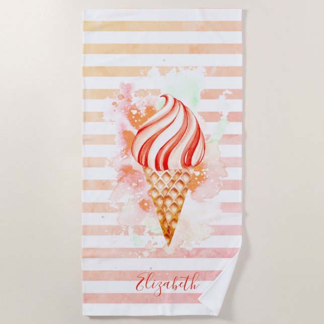 Watercolor Cool Ice Cream Pink Stripes  Beach Towel (Front)