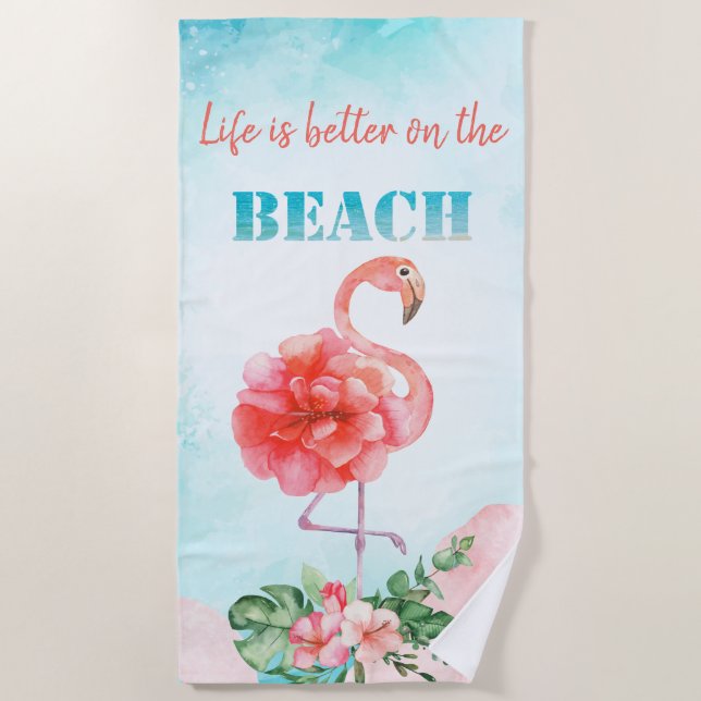 Watercolor Cool Pink Flamingo Tropical Flowers Beach Towel (Front)
