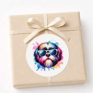 Watercolor Cool Shih Tzu Dog Wearing Sunglasses Classic Round Sticker