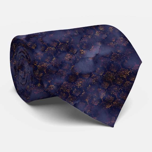 Watercolor Copper Patina Damask Pattern Tie (Rolled)