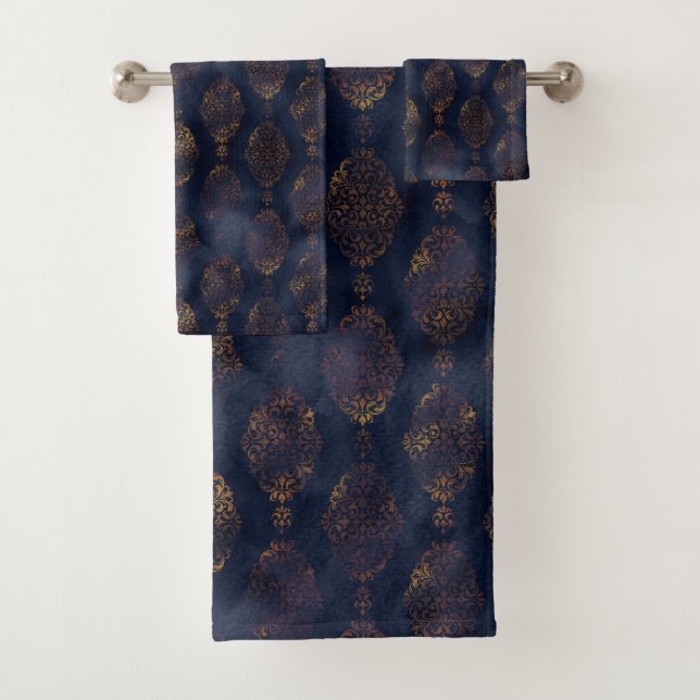 Watercolor Copper Patina Damask Pattern Towel (Insitu)