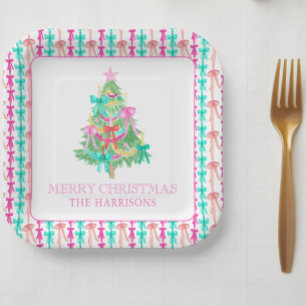 Watercolor Coquette Bow Christmas Tree  Paper Plate
