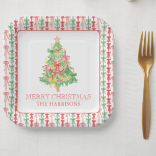 Watercolor Coquette Bow Christmas Tree Paper Plate