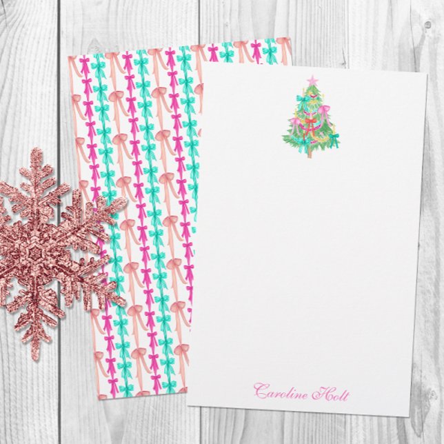 Watercolor Coquette Bow Christmas Tree Personalise Stationery (Creator Uploaded)