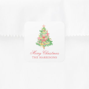 Watercolor Coquette Bow Christmas Tree Square Sticker