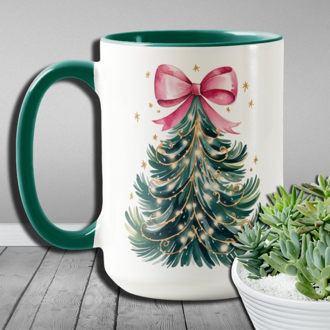 Watercolor Coquette Bow Glitter Christmas Tree Mug (Creator Uploaded)