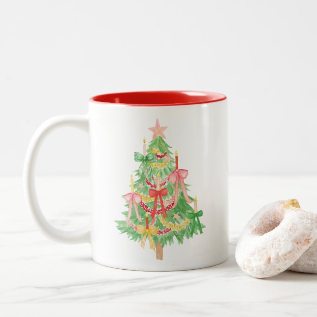 Watercolor Coquette Bows Christmas Tree Two-Tone Coffee Mug (With Donut)