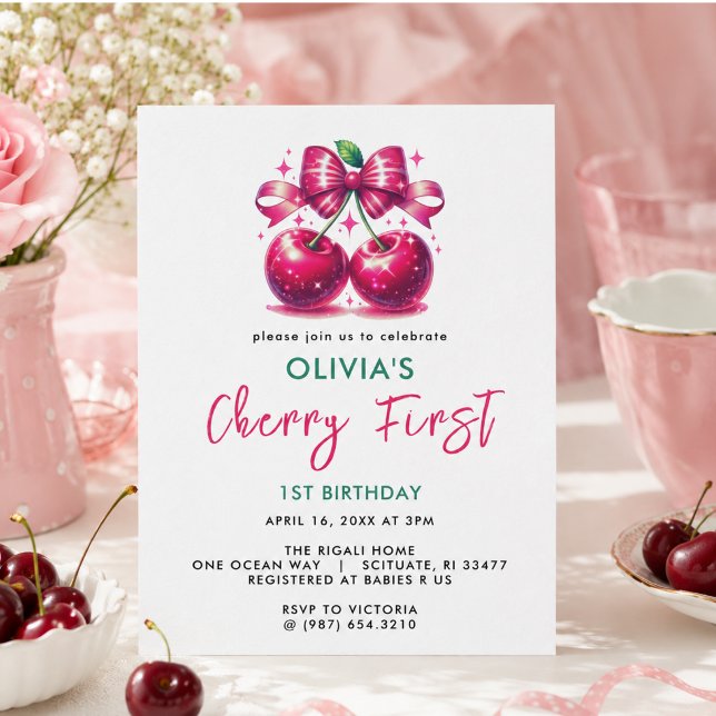 Watercolor Coquette Cherry 1st Birthday Invitation (Watercolor Coquette Cherry 1st Birthday Invitation)