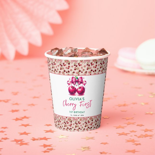 Watercolor Coquette Cherry 1st Birthday Paper Cups (Insitu)