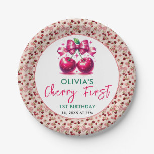 Watercolor Coquette Cherry 1st Birthday Paper Plate