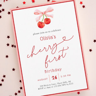 Watercolor Coquette Cherry First 1st Birthday Invitation