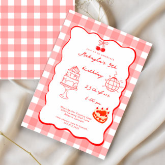 Watercolor Coquette Cherry Five Sweet Birthday Invitation