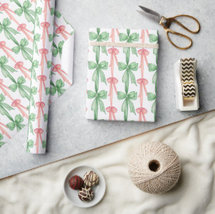 Watercolor Coquette Green & Pink Bows Wrapping Paper