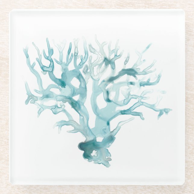 Watercolor Coral - Blue Glass Coaster (Front)
