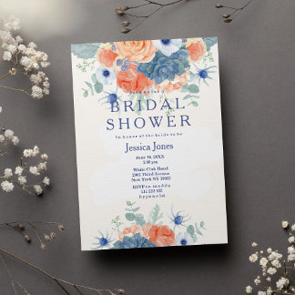 Watercolor coral blue rustic floral Bridal Shower Invitation
