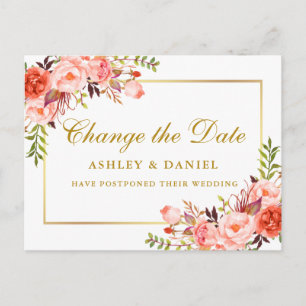 Watercolor Coral Floral Change The Date Gold Postcard